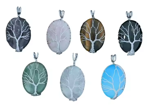 2024 Natural Stone Tree of Life Keychain Silver Color Wire Wrap Oval Crystal Pendant